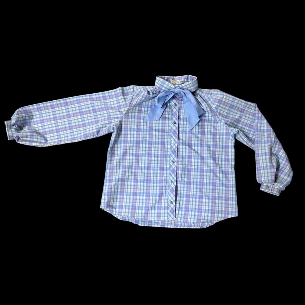 Vintage Plaid Button Up Blouse Blue Pink Bow Tie 1970s Business Shirt Retro - Picture 2 of 6